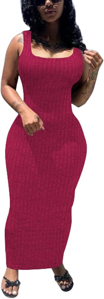 PINSV Women's Bodycon Maxi Dress Stretchy Sleeveless Tank Dress Summer Long Ribbed Casual Beach P... | Amazon (US)