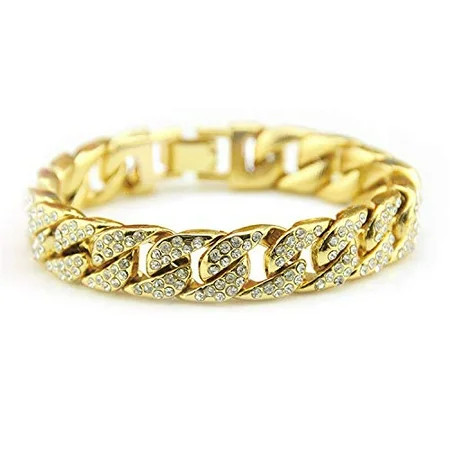 Iced Out Miami Cuban Link Bracelet Gold-Silver-Plated Chain Men Women Fashion Jewelry (Gold) | Walmart (US)
