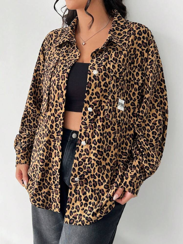 SHEIN EZwear Plus Size Women Leopard Print Letter Drop Shoulder Casual Jacket, Spring Autumn Winter Fall | SHEIN