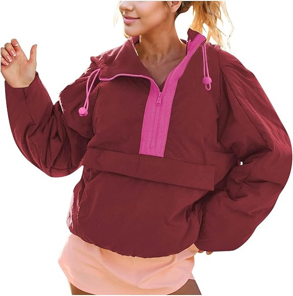 Crew Neck Pullover for Women Casual 2024 Puffer Long Sleeve Loose Fit Jacket Half Zip Hooded Coat... | Amazon (CA)