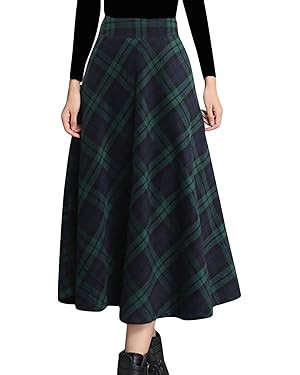 Tanming Women's Winter Warm Elastic Waist Wool Plaid A-Line Pleated Long Skirt | Amazon (US)