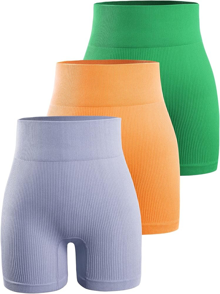 YNNTHY Women's 3 Piece Workout Shorts Yoga Seamless Ribbed High Waisted Spandex Booty Biker Short... | Amazon (US)