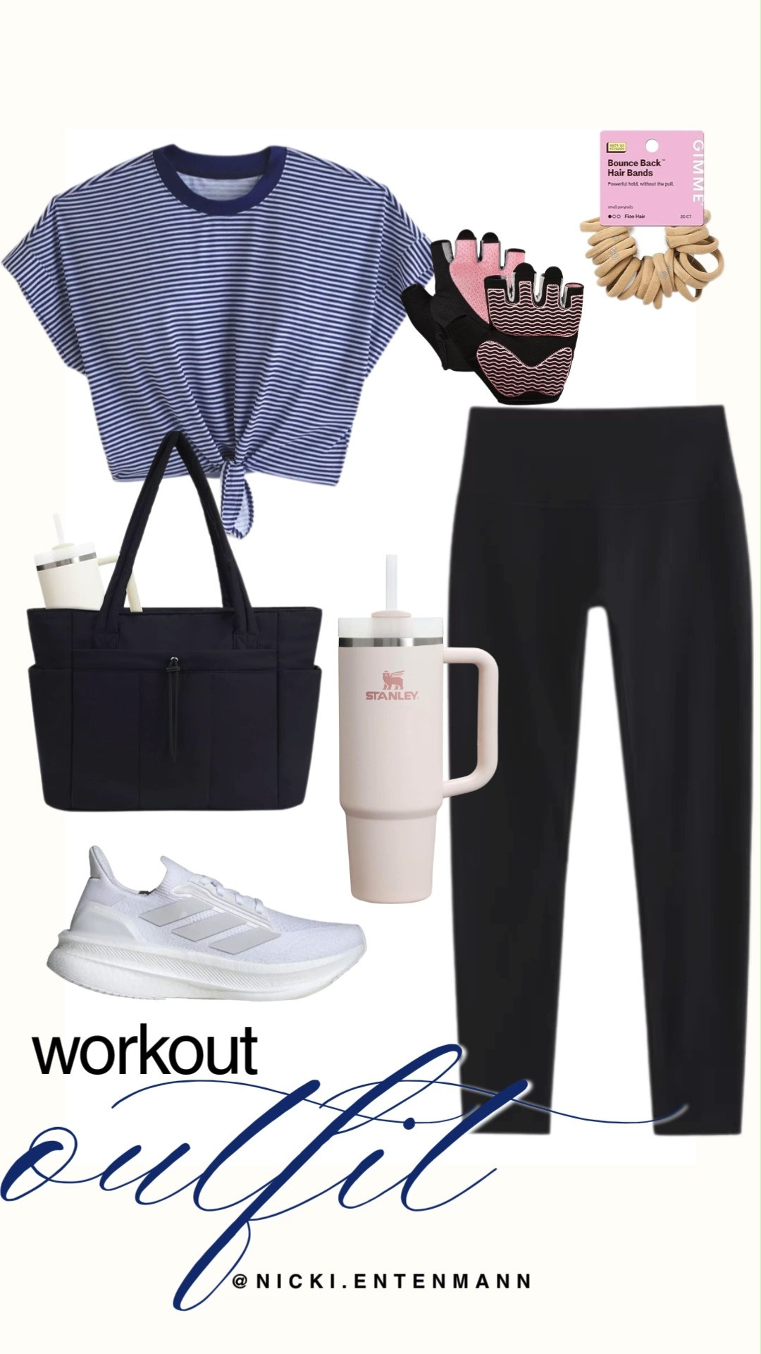 Hit your fitness goals in style with this cute and functional workout outfit formula. Pair some classic high waisted black leggings with a playful blue and white striped tie front crop top for a fresh look. Complete the outfit with crisp white running sneakers, a black gym tote, pink weightlifting gloves, hair bands, and a pastel pink Stanley tumbler to stay perfectly hydrated.

#workoutootd #gymfit #athleisure #activewear #fitnessfashion #workoutgear #everydaystyle #sportychic #gymessentials #stanleytumbler 

 #LTKootd #LTKfitnessgoals #LTKActive