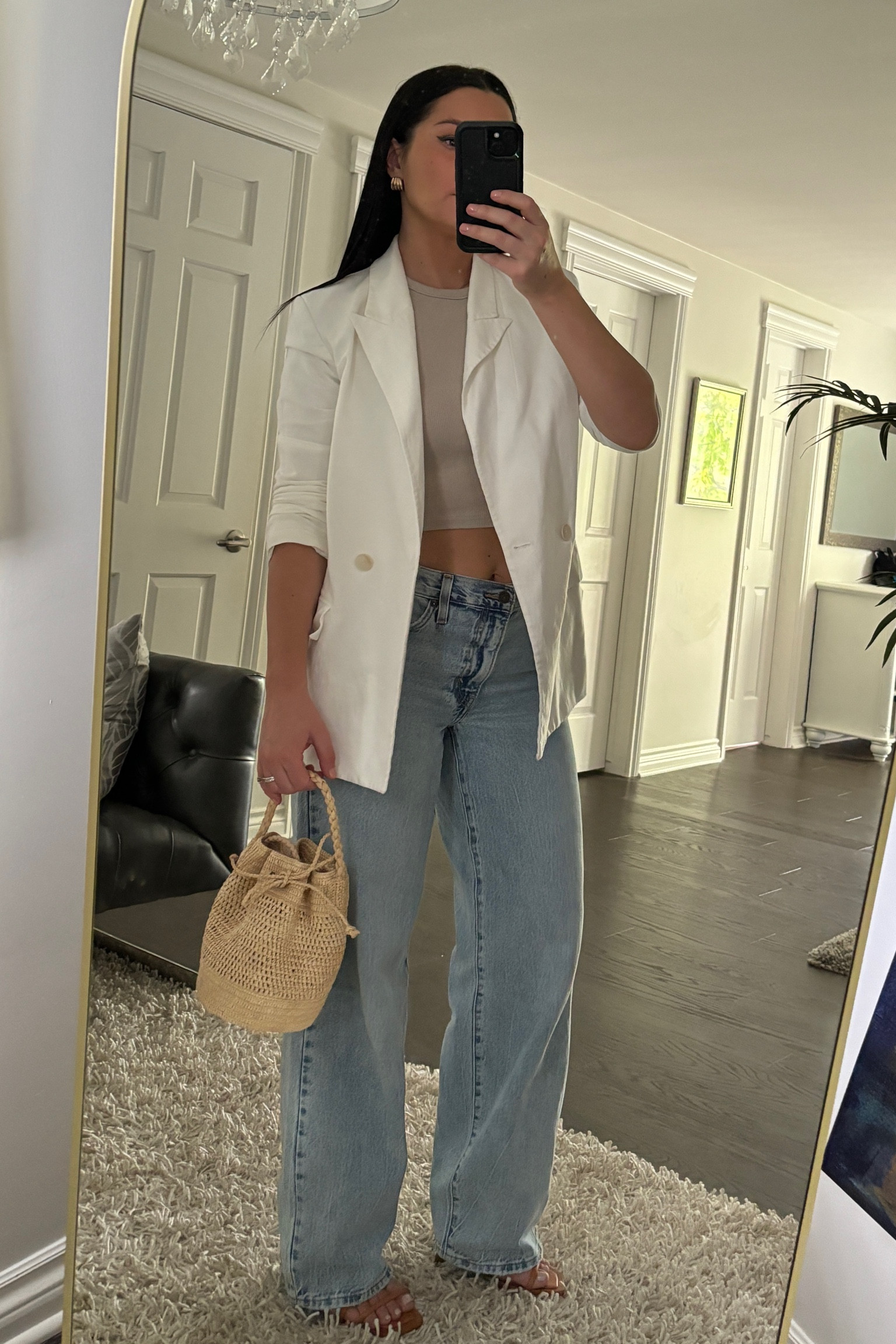 Spring outfit for drinks with friends or date night ✨

Tags: summer outfit, white blazer, Levi’s baggy dad jeans, Sézane raffia bag, brown stiletto sandals, neutral outfit, capsule wardrobe, crop tank top

Wearing size 26 in the jeans, and size small blazer and tank 

#LTKParties #LTKItBag #LTKSeasonal
