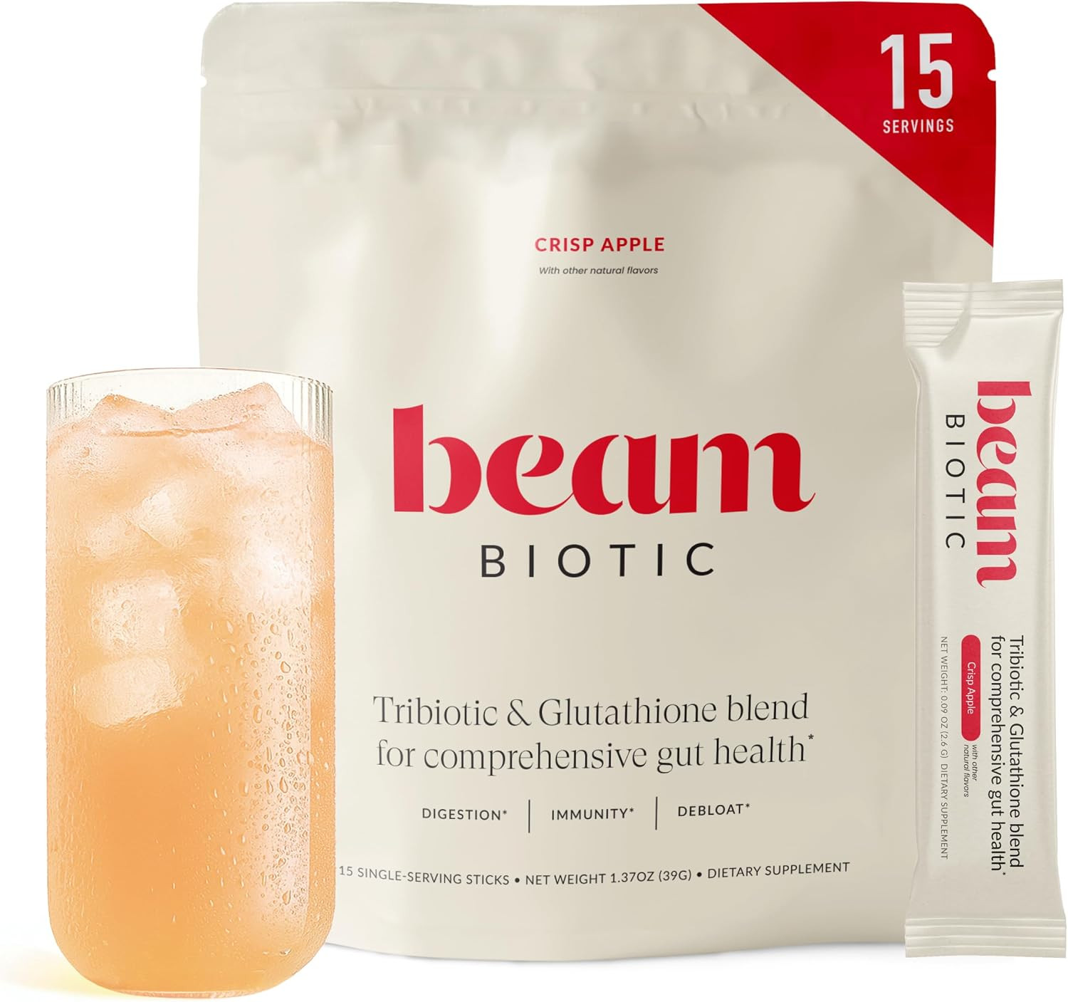 BEAM Biotic Probiotics for Women & Men – Gut Health for Women & Men, Digestive Health with Pre, Pro & Postbiotics + Glutathione, Daily Probiotic Drink, Crisp Apple, 15 Servings | Amazon (US)