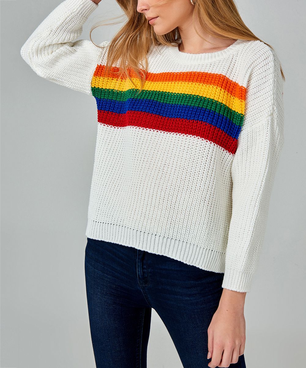 Boutiquen Women's Blouses WHITE - White Rainbow Stripe Sweater | Zulily