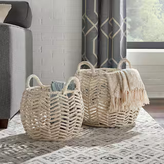 Ivory Round Water Hyacinth Decorative Basket with Handles (Set of 2) | The Home Depot