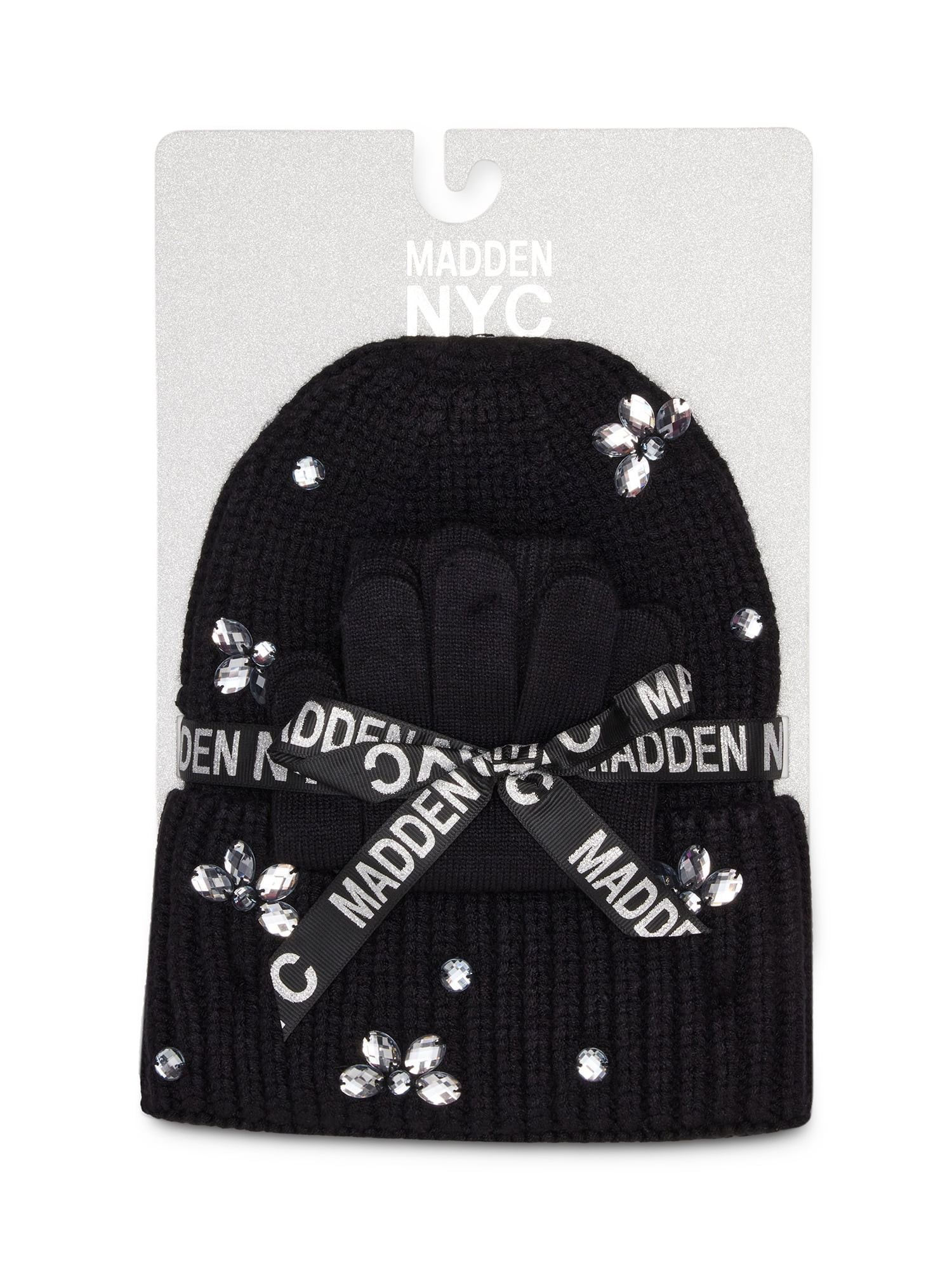 Madden NYC Women's Cuffed Beanie with Rhinestones and Magic Gloves, 2-Piece Gift Set | Walmart (US)