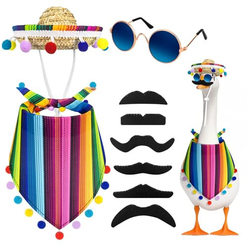 Mardili 4 Pcs Porch Goose Outfits For 23"/ 17" Lawn Goose Statue Clothes,Summer Goose Clothes Mexican Sombrero With Bandana Scarf Beard Glasses For Garden Statue Décor | Amazon (US)