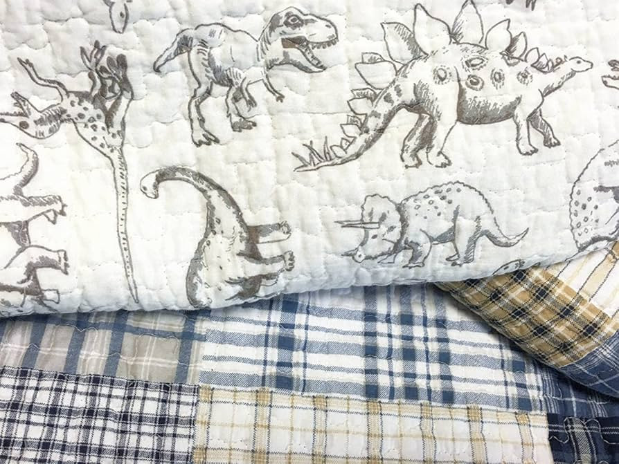 Cozy Line Home Fashions Benjamin Cute Dinosaur Plaid Navy Blue White Grey Bedding Quilt Set 100% ... | Amazon (US)