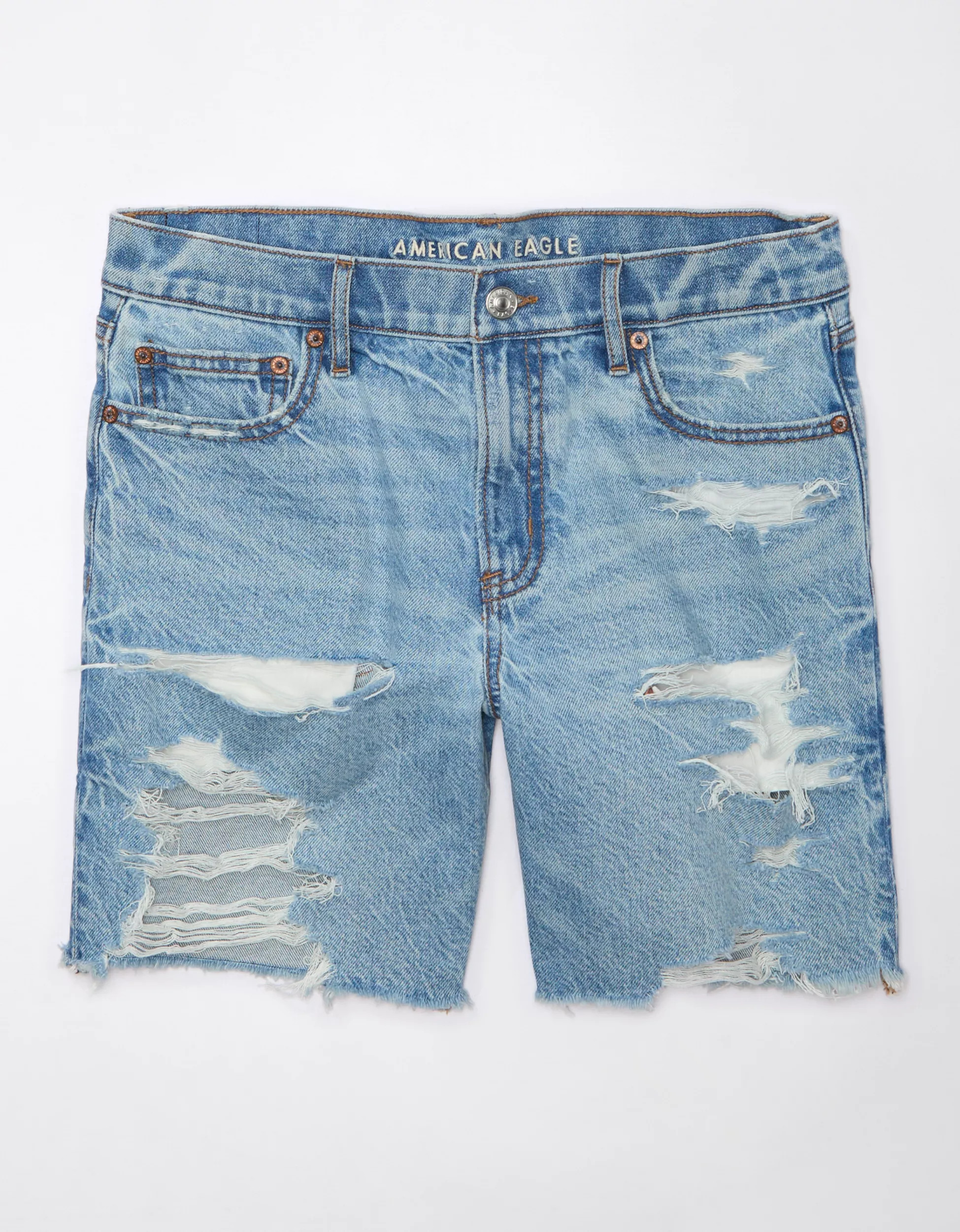 AE Strigid 8" Perfect Ripped Bermuda Denim Short | American Eagle Outfitters (US & CA)