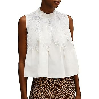 VAOYIU Women's Sleeveless Lace Blouse Loose Mock Neck Ruffle Peplum Tank Top Eyelet Embroidery Ba... | Amazon (US)