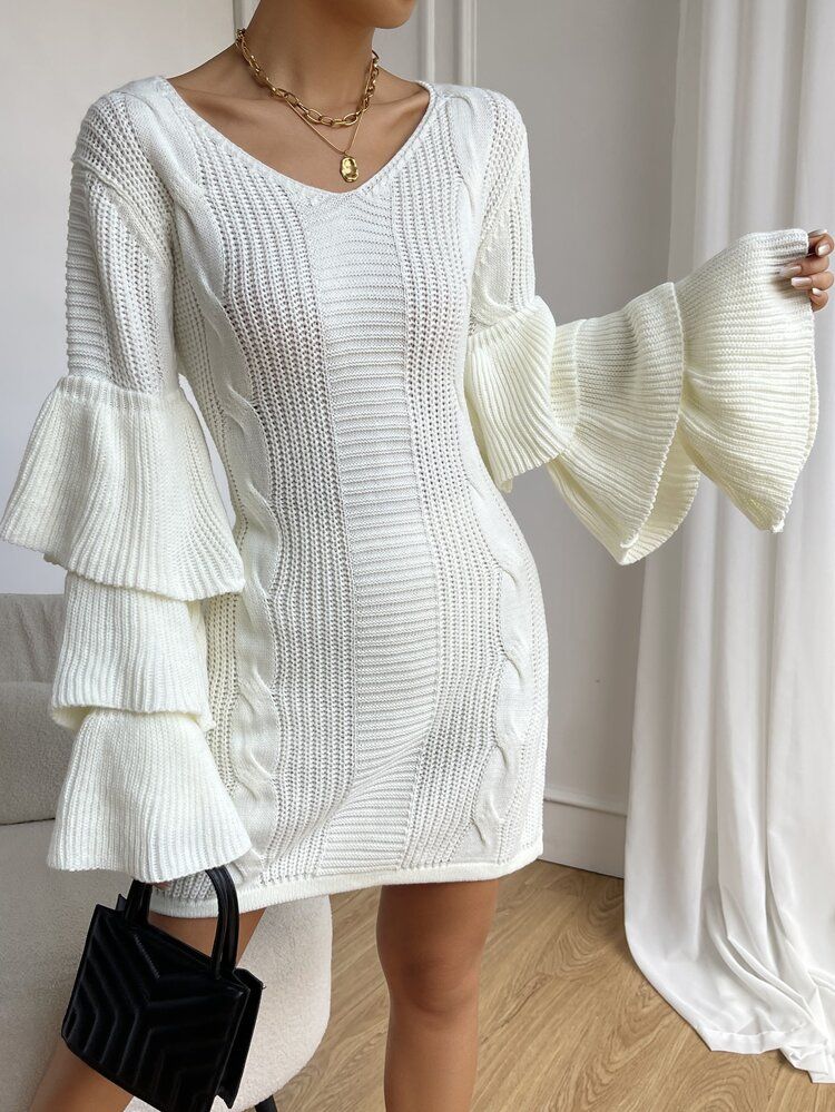 Cable Knit Layered Sleeve Sweater Dress | SHEIN