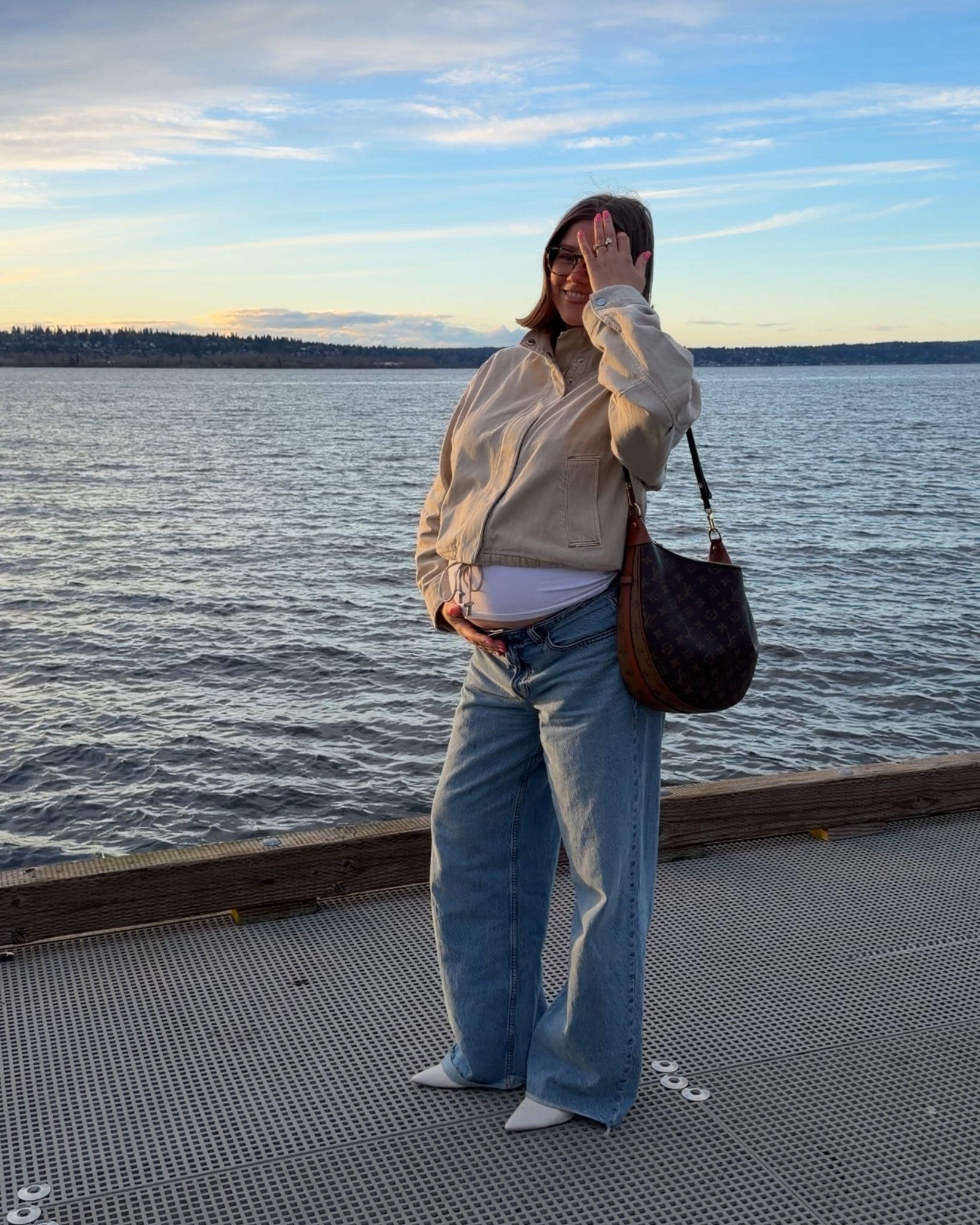 Size large in madewell jacket it’s a khaki denim lightweight structured so cute for spring! Sized up for bump I love the crop and drawstrings. Jeans true to size 30 right now still fits in pregnancy so you can size down normally! Love the Abercrombie low rise jeans so comfy and slouchy 

#bresheppard #pregnancystyle #secondtrimester #madewell #abercrombie

 #ltkbump