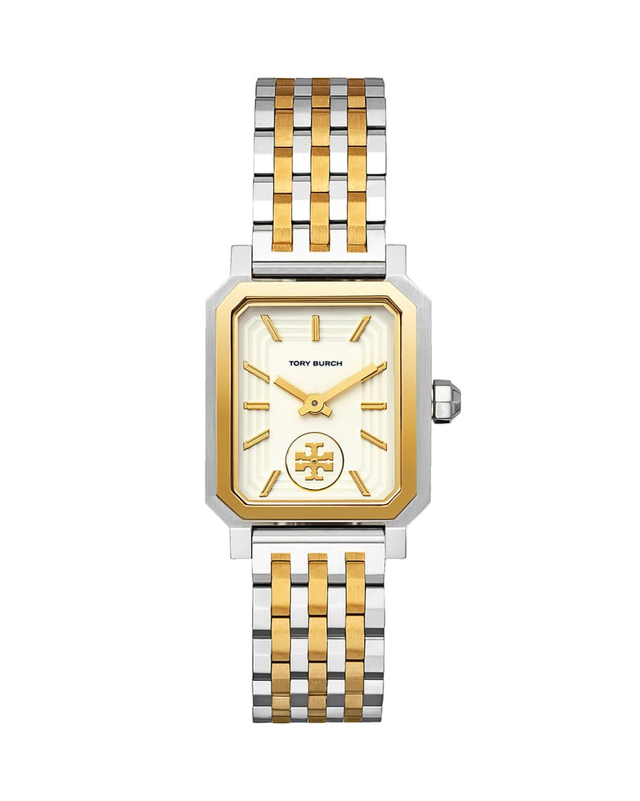 Tory Burch 27mm Robinson Bracelet Watch w/ Moving Logo, Gold/Silver | Neiman Marcus