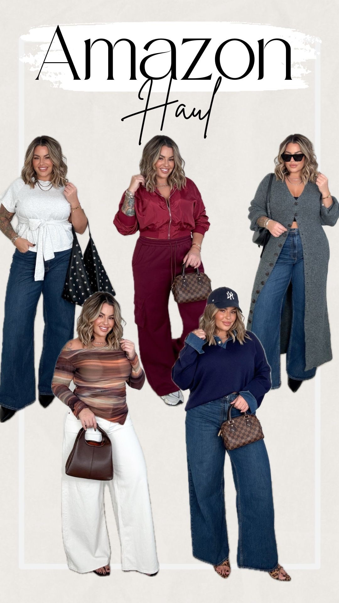 Blue jeans size 32L 
Cream jeans 31L 
Sweatpants XL 
Bomber jacket XL 
Grey top L 
Grey sweater XL 
Orange and brown top L 
Navy sweater XL  