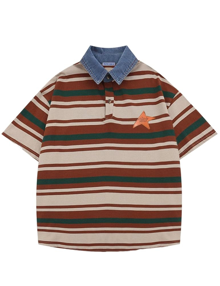 Aelfric Eden Stripe Star Polo Tee Oversized Button Collar T Shirt Short Sleeve Y2k Tops | Amazon (US)