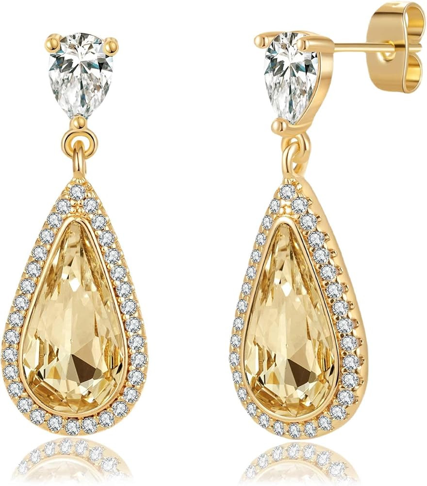 EVEVIC Austrian Crystal Halo Teardrop Dangle Drop Earrings for Women 14K Gold Plated Jewelry Gift... | Amazon (US)
