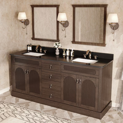 JEAREY Fully Assembled Vanities 72-in Dark Brown Double Sink Bathroom Vanity with Black Cultured ... | Lowe's
