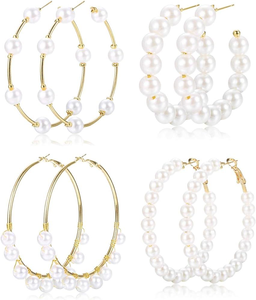 Florideco 4-6 Pairs 55-77MM Faux Pearl Huge Hoop Earrings for Women Lightweight Open Large Circle Ro | Amazon (US)