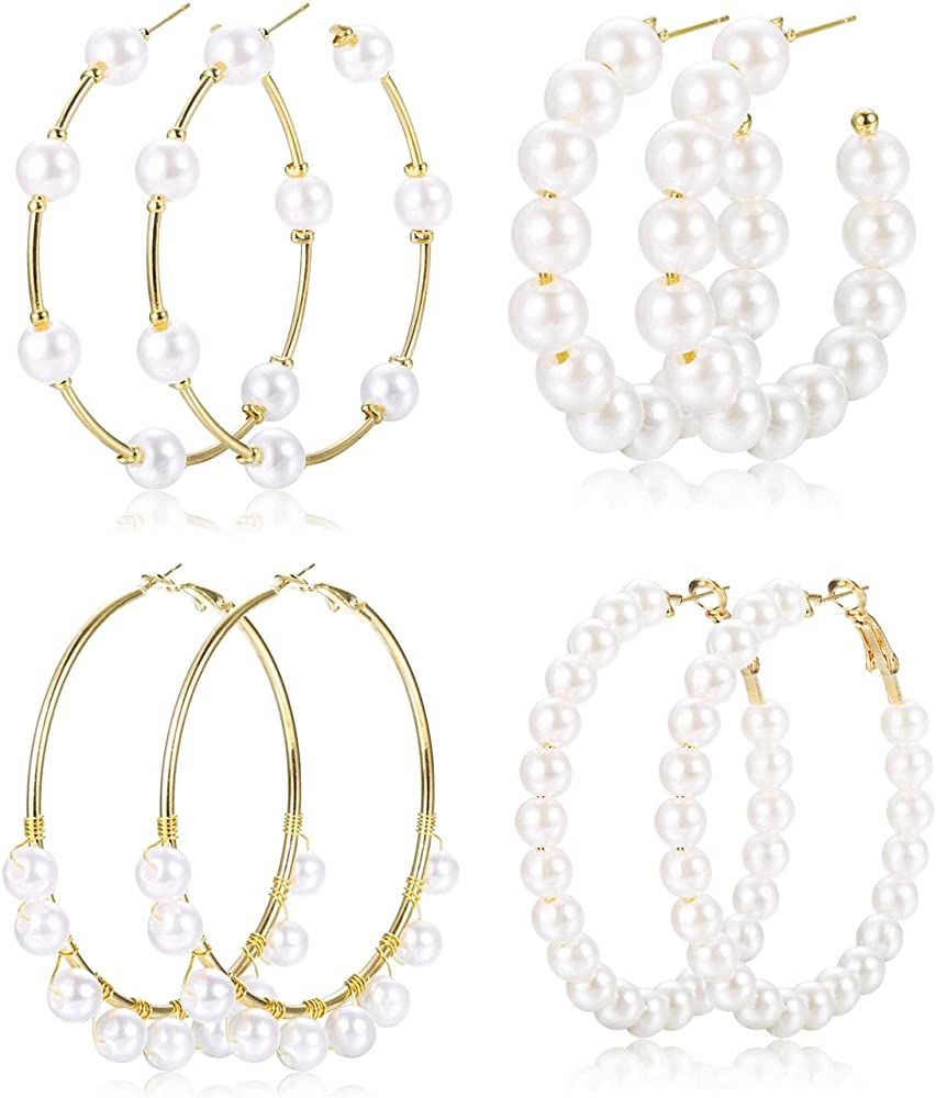 Florideco Women's Alloy 4-6 Pairs 55-77MM Faux Pearl Open Large Circle Round Beaded Hoop Earrings, L | Amazon (US)