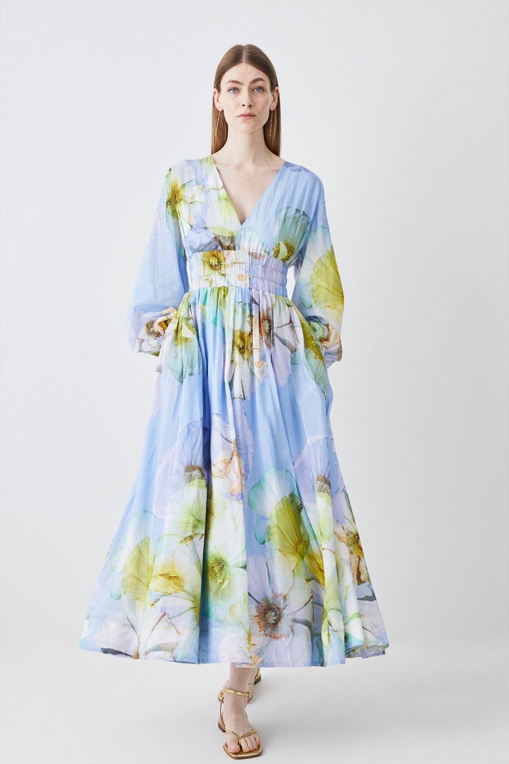 Photographic Floral Balloon Sleeve Silk Cotton Maxi Dress | Karen Millen US