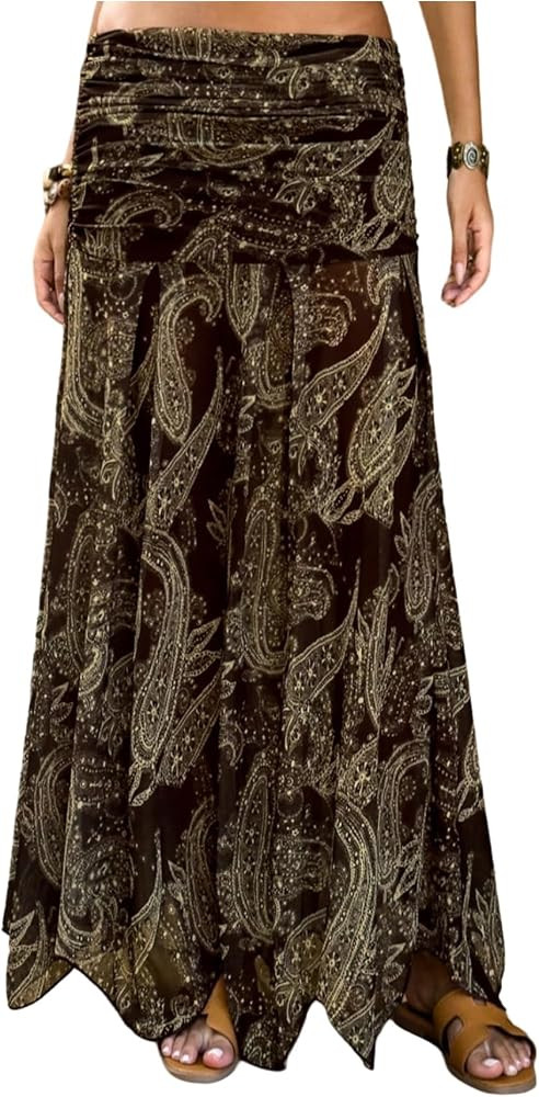 GORGLITTER Women's Hippie Paisley Print Flowy Skirts Low Elastic Waist Ruched A Line Summer Maxi ... | Amazon (UK)