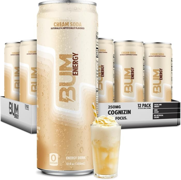 BUM Sugar-Free Energy Drink, Cream Soda - Lightly Carbonated & No Artificial Colors, Natural Caff... | Amazon (US)