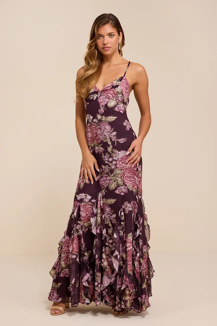 Deluca Plum Floral Burnout Sleeveless Ruffled Maxi Dress | Lulus