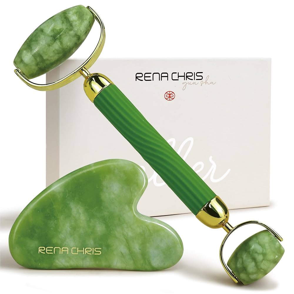 Rena Chris Gua Sha and Face Roller Set: Anti-Breakage Jade Roller for Long-Lasting Use, Jawline Sculpting and Puffiness Reducing, Gua Sha Facial Tools for Self Care Gift (Green) | Amazon (US)