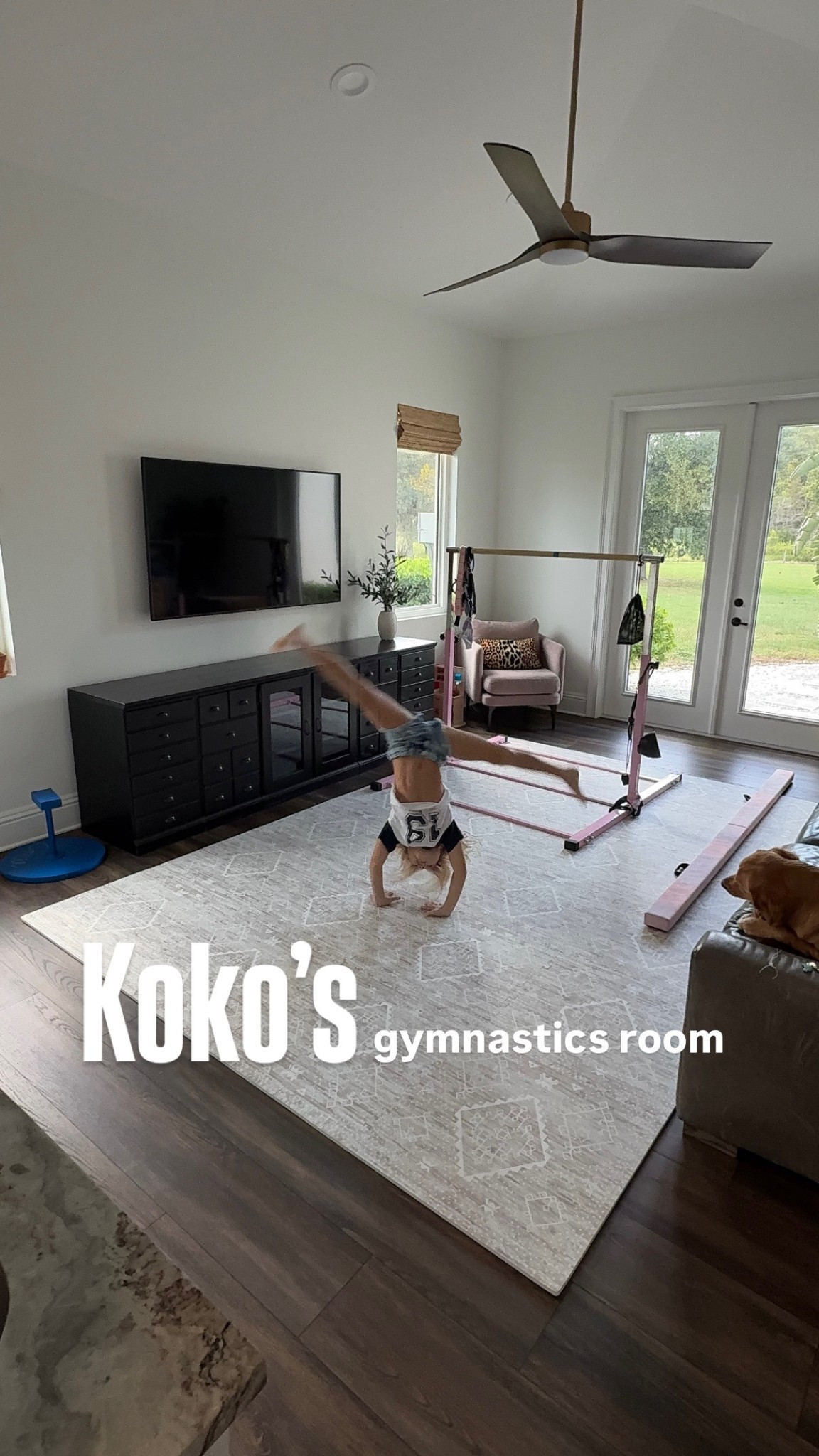 Kokos new gymnastics room. We love this foam playmat that looks like a beautiful rug. It’s functional but also so pretty. Great for babies and toddlers but my 7 year old loves that it’s perfect for tumbling and for her gymnastics equipment! 

#LTKBaby #LTKHome #LTKKids