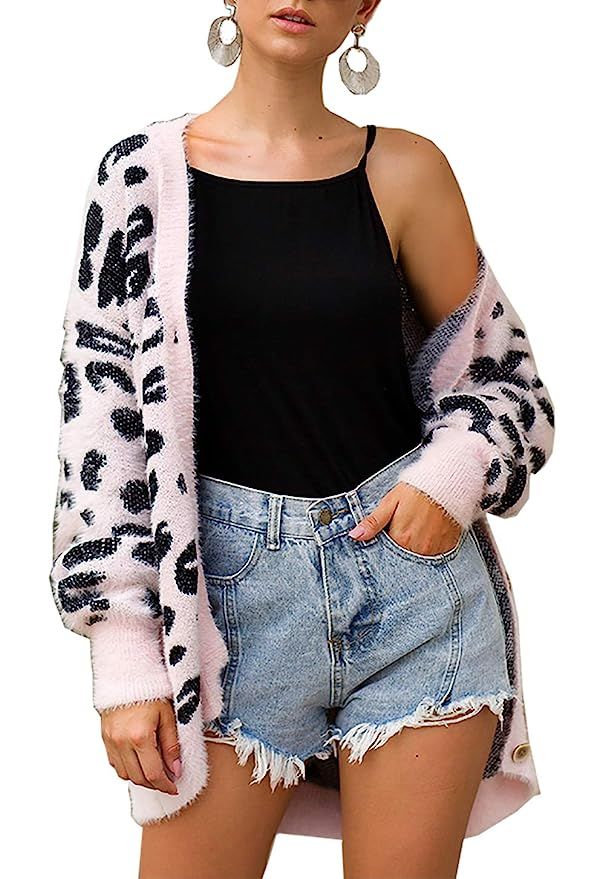 BTFBM Women Fashion Leopard Print Button Down Long Sleeve Soft Loose Knit Sweater Cardigan Coat F... | Amazon (US)