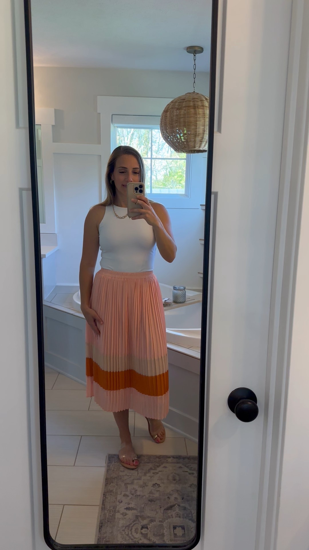 Spring outfit - Love these lined bodysuits! 
Skirt - xsmall
Bodysuit - 
Sandals - true to size 
Necklace - similar linked 

#LTKFindsUnder50 #LTKWorkwear