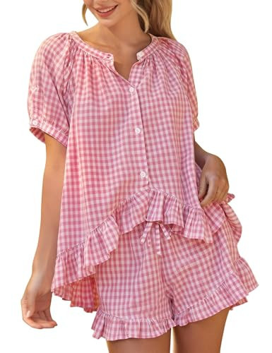 PEHMEA Women's Gingham 2 Piece Pajama Set Cotton Pj Ruffle Babydoll Short Sleeve Shirt Lounge Shorts Summer Outfits(Pink-XS) | Amazon (US)