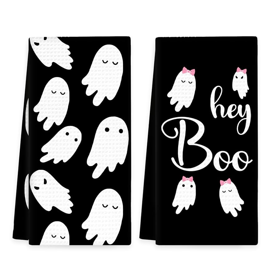 Black Halloween Ghost Kitchen Towels Set of 2, Ghost Hand Towels, Pink Bow Cute Ghosts Boo Dish T... | Amazon (US)