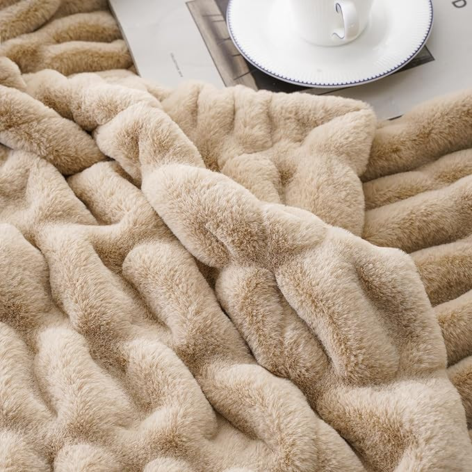 BATTILO HOME Beige Faux Fur Throw Blanket for Bed, Large Double Side Reversible Ruched Rabbit Fur... | Amazon (US)