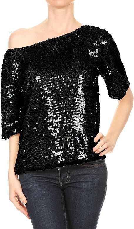 Anna-Kaci Womens Short Sleeve One Shoulder Sexy Sequin Top Blouse | Amazon (US)