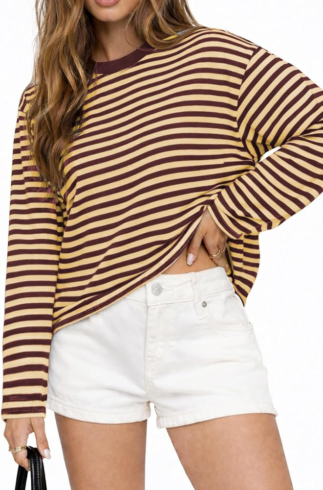CHYRII Women Oversized Striped Long Sleeve T Shirt Fashion 2026 Crewneck Casual Fall Spring Tops ... | Amazon (US)