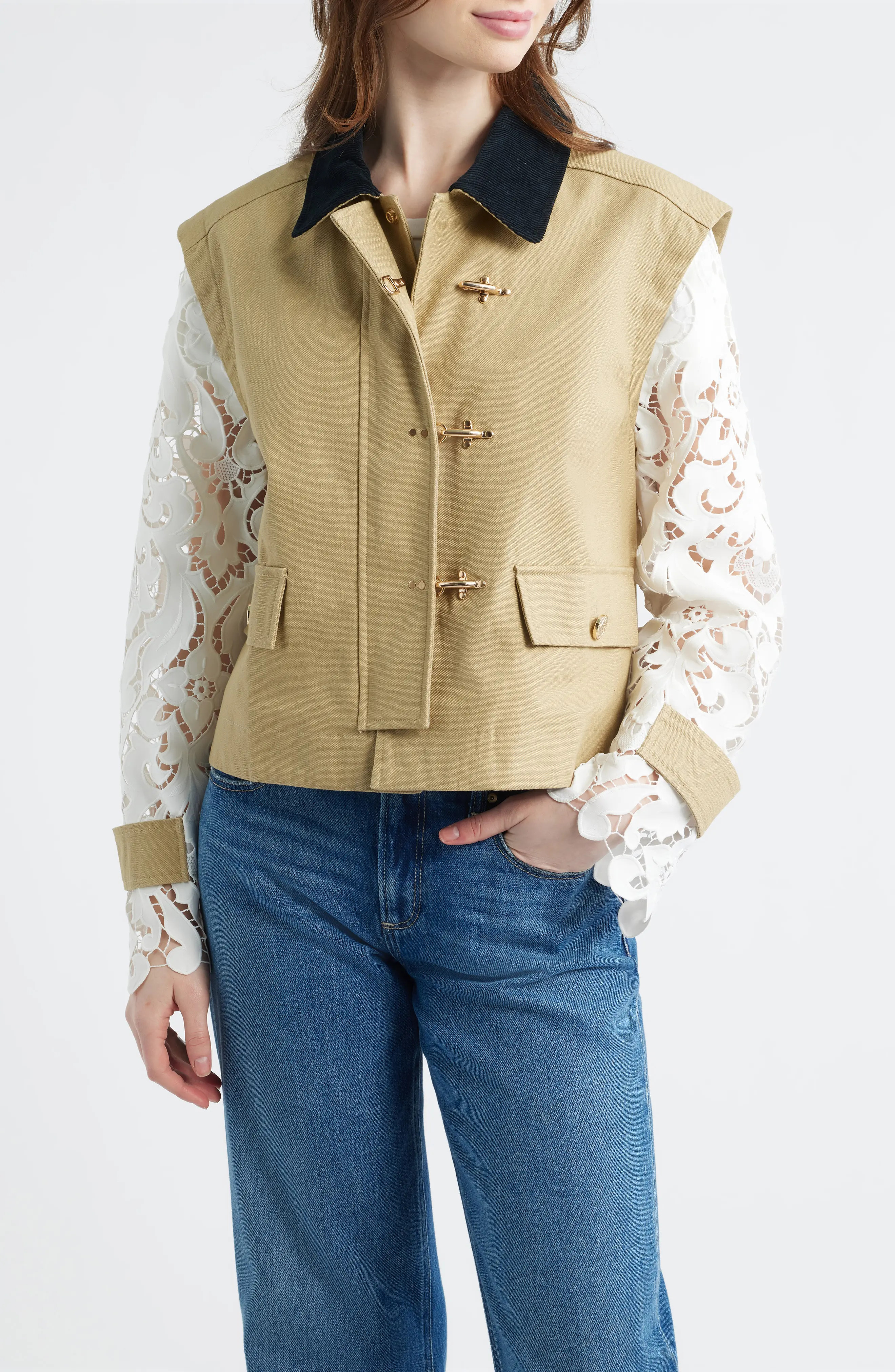 Hill House Home The Clarisse Lace Sleeve Barn Jacket in Khaki at Nordstrom, Size Large | Nordstrom