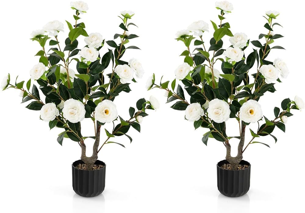 GOFLAME 38” Artificial Camellia Tree 2 Packs, Faux Camellia Plant in Pot with 24 Flowers, Natur... | Amazon (US)