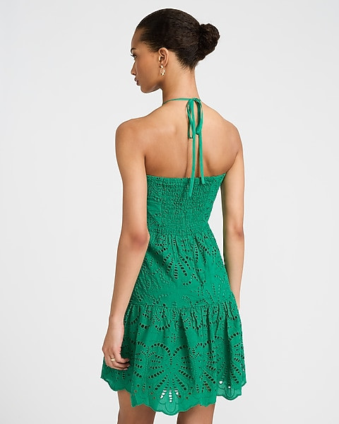 Eyelet Tie Halter Drop Waist Smocked Back Mini Dress | Express