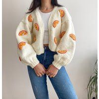 Hand Knit Chunky Orange Cardigan, Soft Fruity Women Sweater, Handmade Crop Kawaii Outfit, Y2K Top With Slices, Handmade Warm Jacket | Etsy (US)