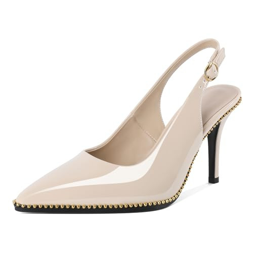 Joseywade Beige Slingback Heels Women's Closed Pointed Toe Stilettos High Heel Pumps Gold Metal Beaded Dress Shoes 3.5 Inch for Club Night Out Cocktail Formal Work Size 7 | Amazon (US)