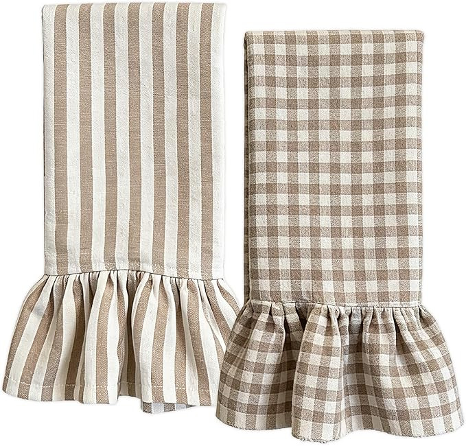 Whaline Ruffled Kitchen Towels 2 Pcs Dish Towel, Brown Plaid Stripe | Amazon (US)