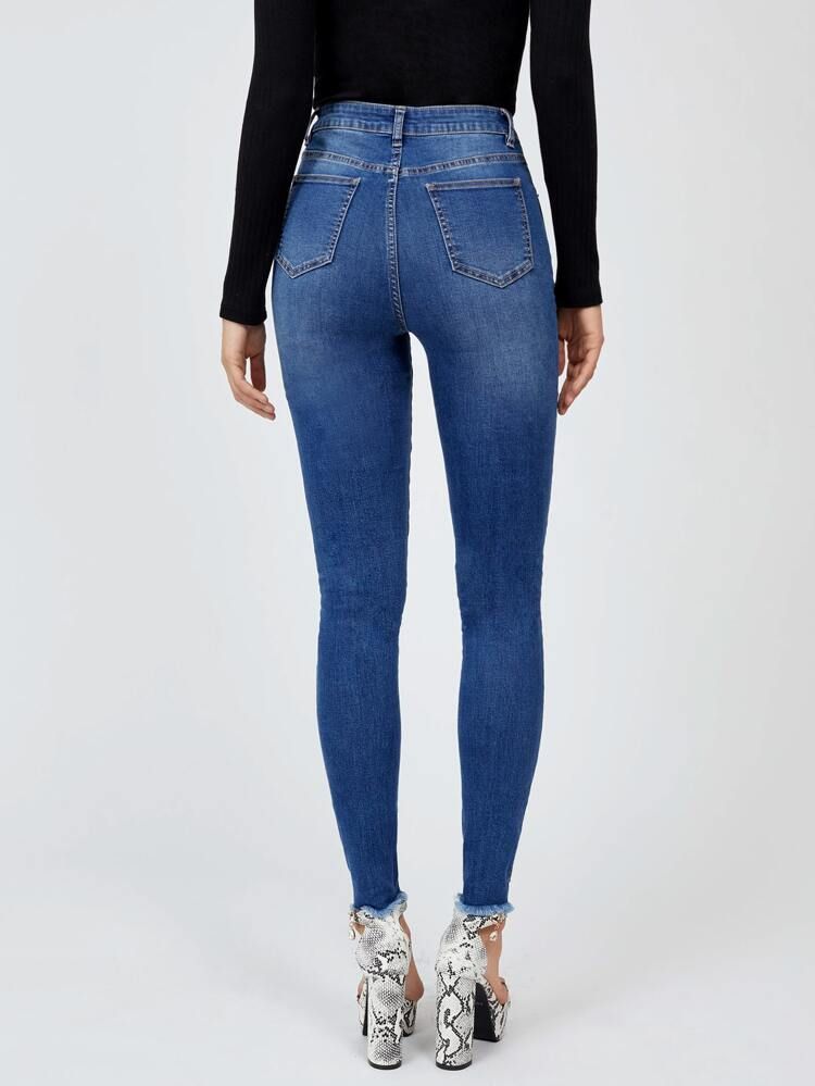 SHEIN Tall High Waisted Ripped Raw Hem Skinny Jeans | SHEIN