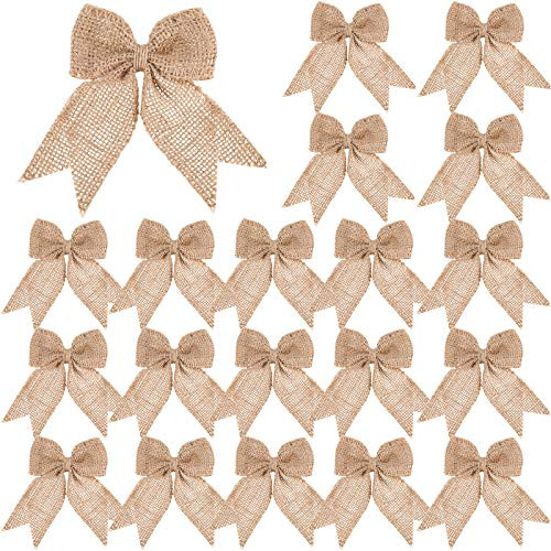 20 Pieces Burlap Bows Burlap Bow Knot Handmade Burlap Decorative Bowknot Natural Ornament Bow for Christmas Decoration Tree Festival Holiday Party Supplies (Beige) | Amazon (US)