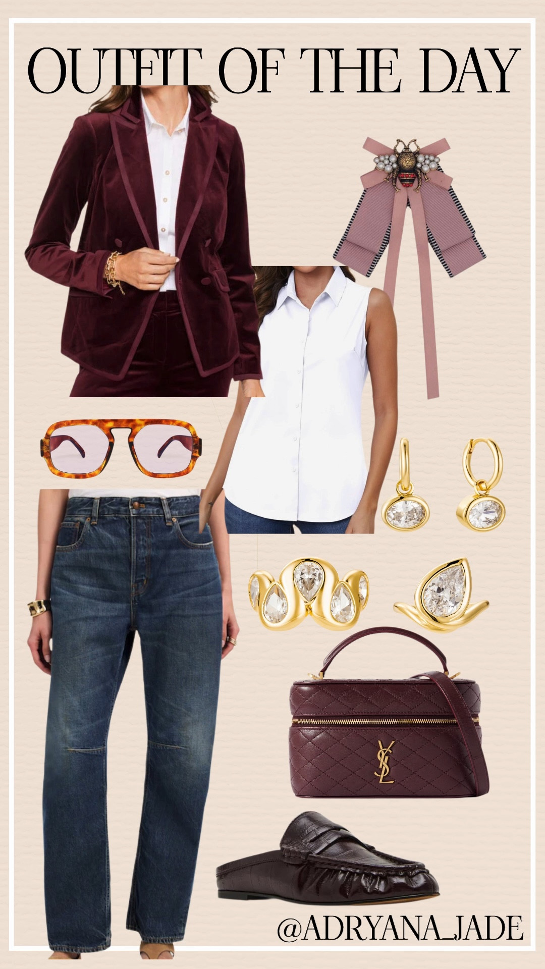 Burgundy Babe Vibes! Velvet burgundy tuxedo blazer + crisp white button-down + barrel jeans = structured but easy. I added a Gucci-inspired ribbon neck tie (Amazon find 🙌) for a little extra flavor, burgundy leather mules that look designer without the designer price, and my favorite YSL vanity bag to pull it all together.

Life may not be perfect...but your outfit can come pretty close. 😉

Ladies, get dressed in something that makes you feel powerful, capable, and just a little unstoppable. The way you show up matters.

Everything is linked in LTK...go shop the look and conquer your day in style. #styleover50 #over50andfabulous #womenover50 #midlifefashion 

#LTKOver40 #LTKgrwm #LTKootd