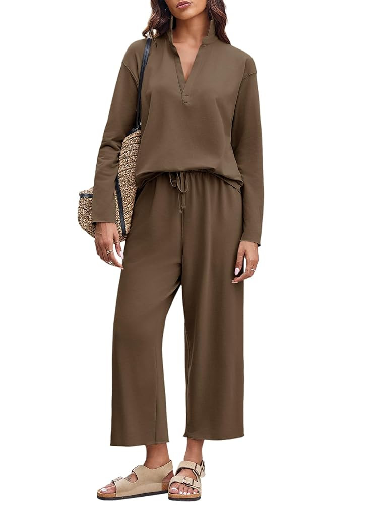 Imily Bela Womens 2 Piece Outfits Sweatsuit Long Sleeve Lapel V Neck Shirt and Wide Leg Pants 202... | Amazon (US)