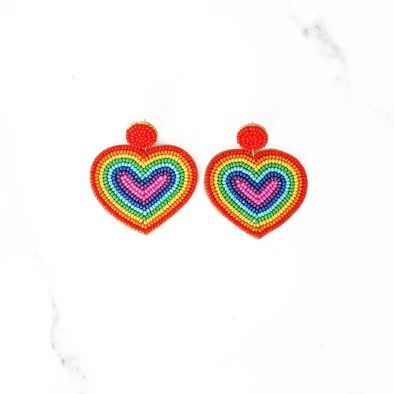 Rainbow Beaded Heart Earrings | Golden Thread