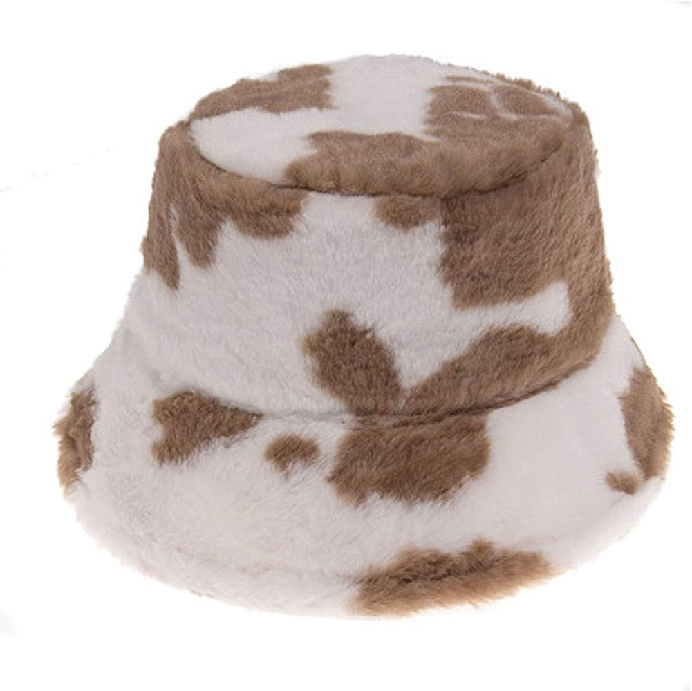 Winter Plush Bucket Hat for Women Cow Print Fuzzy Bucket Caps Casual Warm Faux Fur Fisherman Hats... | Amazon (US)
